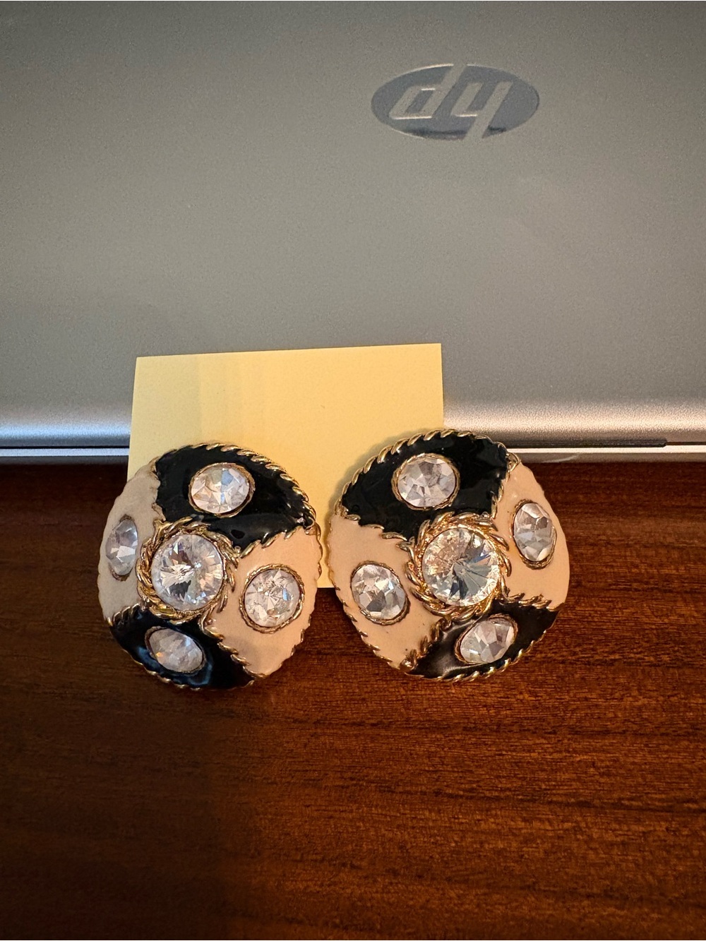 Gold-Tone Black & Cream Crystal Button Earrings